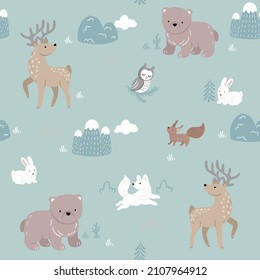 Deer, bear, polar fox, hare, owl, squirrel. Seamless pattern with hand drawn illustrations with Northern animals theme