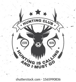 Deer and beer make me happy. Vector. Concept for shirt or label, print, stamp, badge, tee. Vintage typography design with deer and hunting horn silhouette. Outdoor adventure hunt club emblem