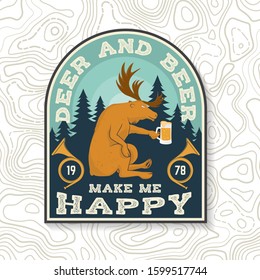 Deer and beer make me happy. Vector. Concept for shirt, label, print, stamp, badge, patch. Vintage typography design with deer, beer and hunting horn silhouette. Outdoor adventure hunt club emblem