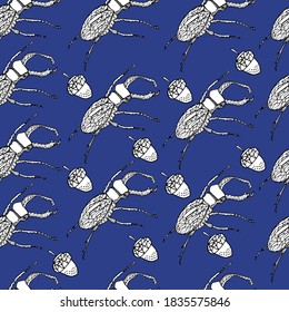 Deer beetle pattern. Coloring book for children and adults. Background with insect, beetle gorech. Beetles with small details. For textiles, coloring, banners, design paper. Autumn background, isolate