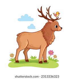 Deer with big antlers stands on a green meadow. Vector illustration with cute animal in cartoon style.