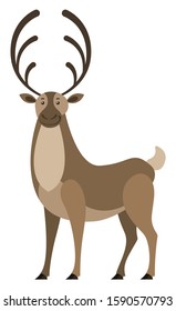 Deer with big horns, isolated wild animal. Doe with furry coat living in forest. Stag standing still. Brown woodland creature, fauna of woods. Elk or moose mammal design. Vector in flat style