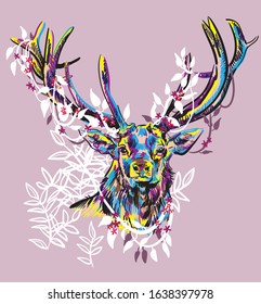 
Deer with big horns. Stylish multi-colored print.