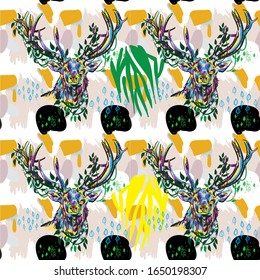 Deer with big horns. Stylish multi-colored pattern. European Scandinavian pattern.