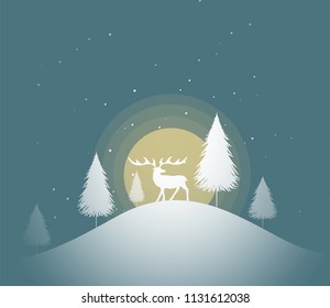 Deer in big moon with snow in the winter season and Christmas. vector.