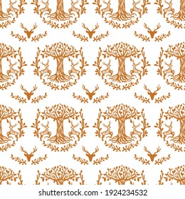 Deer and the Big Tree Vector Illustration Seamless Pattern can be use for background and apparel design