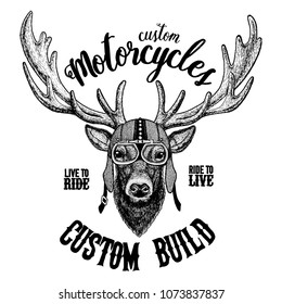 Deer Biker, motorcycle animal. Hand drawn image for tattoo, emblem, badge, logo, patch, t-shirt