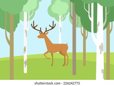 Deer In The Birchwood Forest Flat Design Cartoon Vector Wild Animals. Flat Zoo Nature Children Collection.