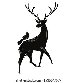 Deer & bird abstract minimal simple geometric logo design icon template silhouette isolated with white background
