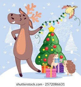 Deer and bird decorate Christmas tree in forest, New Year gifts, cute hedgehogs