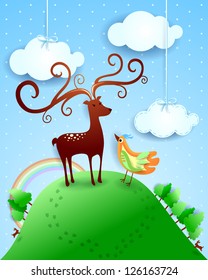 Deer and bird on fantasy landscape
