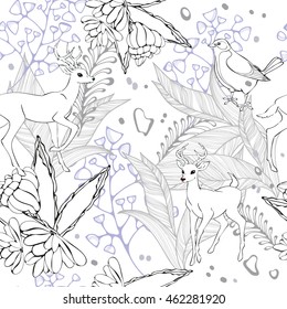 Deer and bird on seamless for textile