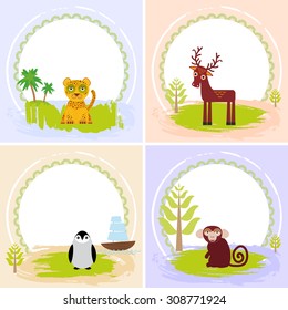 deer, bird penguin, jaguar, leopard,, set of cards design  with funny animals, template banner for your text with round frame. Vector