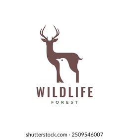 Hirsch mit Vogel Wildlife Konzept Logo-Design flachen Vektor