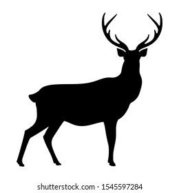 Deer. Black silhouette red deer on white background. Vector illustration.