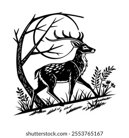 deer black vector silhouette  with while Background art