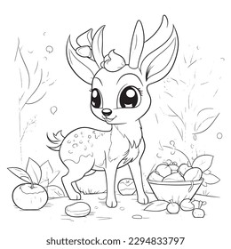 Deer, Black and white coloring pages for kids, simple lines, cartoon style, happy, cute, funny, animal in the world