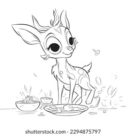 Deer , Black and white coloring pages for kids, simple lines, cartoon style, happy, cute, funny, animal in the world
