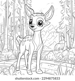 Deer , Black and white coloring pages for kids, simple lines, cartoon style, happy, cute, funny, animal in the world