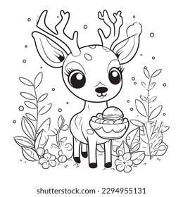 Deer , Black and white coloring pages for kids, simple lines, cartoon style, happy, cute, funny, animal in the world