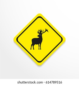 Deer. Black and white image in yellow sign on a light background. Vector icon.