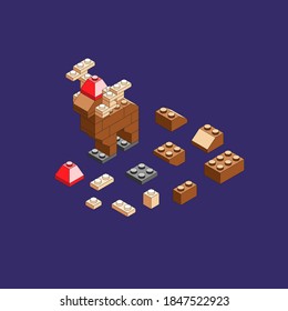 Deer of blocks. Isometric constructor. Blocks and elements to create funny figures. Flat design.