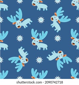 Deer are blue on a dark background.New Year and Christmas pattern for wallpaper, background, wrapping paper, textiles.