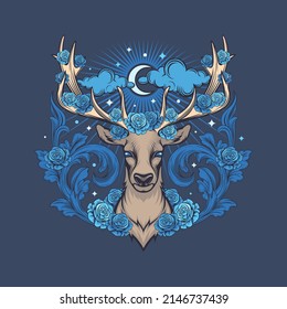 Deer with blue roses vector illustration.