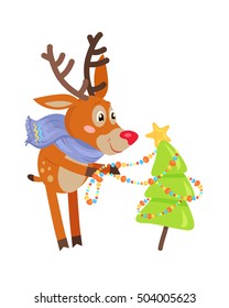 Deer in blue scarf decorating christmas tree isolated. Funny reindeer prepares for the New Year Eve. Cute mammal character decorates fir tree with garland in flat style. Vector design illustration