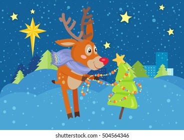 Deer in blue scarf decorating christmas tree on snowy background. Funny reindeer prepares for the New Year Eve. Cute mammal character decorates fir tree with garland in flat style. Vector illustration