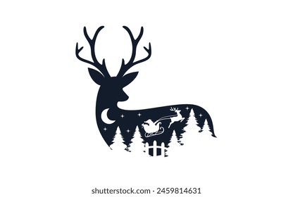 In the deer body image santa clause riding his sleigh pulled by reindeers. Vector Christmas element