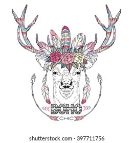 deer boho chic print, summer t-shirt design, animal illustration