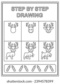 Deer. Book page, drawing step by step. Black and white vector coloring page.