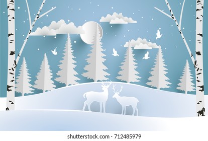 deer are both in the pine forest in winter. vector illustration of snow