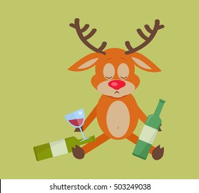 Deer with bottle of wine isolated on green. A lot of empty bottles on floor. Drunk with alcohol. Alcohol addicted reindeer with bottles of beer. Alcoholism. Vector illustration in flat style.