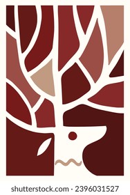 Deer with branching antlers for decoration organic doodle shapes matisse style, naive art, contemporary backgrounds. beach and mountains vector illustration