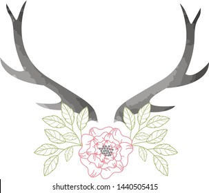 Deer Buck Antlers with Flowers and Leaves