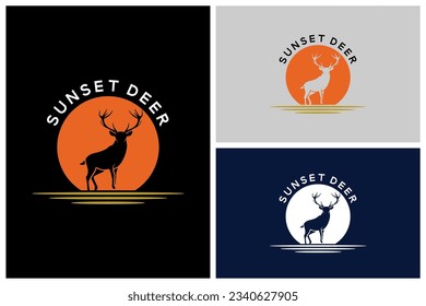 Deer Buck Stag Silhouette at The beauty sunset in African Savanna Sunrise or Sunset Nature Wildlife Logo Design