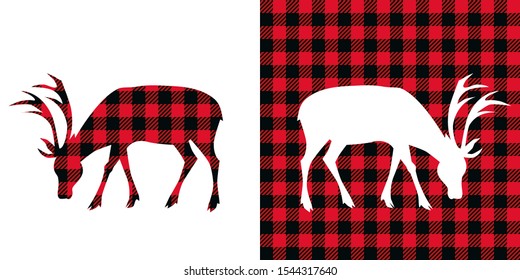
Deer  buffalo plaid  set. Vector illustration woodland  animal . Lumberjack  clipart. 