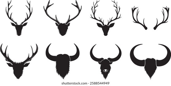 Deer and Bull Antlers Set, Black Silhouette Vector Illustration Isolated on White Background