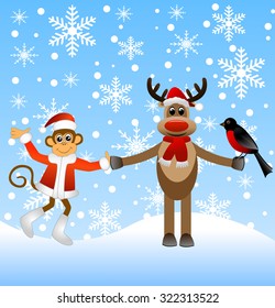 Deer with bullfinches and a monkey, vector illustration