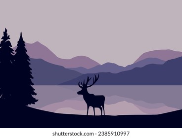 Deer by the lake. Vector illustration in flat style.