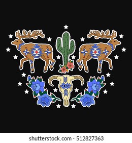 Deer, cactus, flowers, skull print. Print on tshirts and other materials. Vector illustration