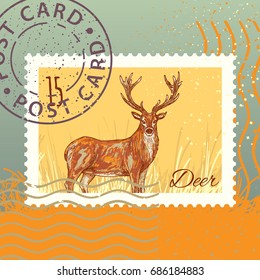 Deer card. Vector hand drawn illustration. Stamp. Mark. Postcard.