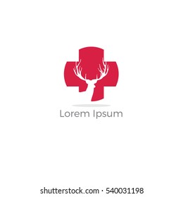 Deer care and medical center logo. Deer in medical cross vector.