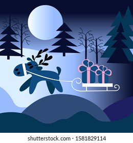 deer carries gifts in a sled vector for greeting cards