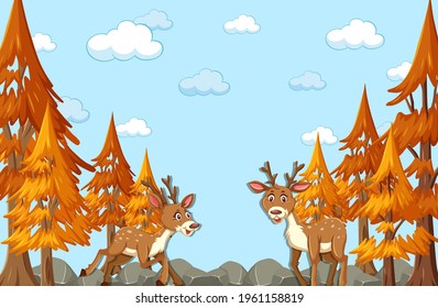 Deer cartoon character with blank autumn forest scene illustration