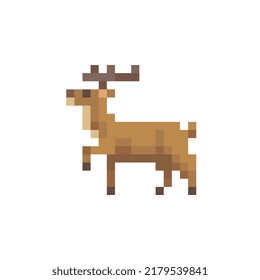 Deer cartoon character pixel art icon, design element of children's book application or sticker. Game assets 8-bit sprite. Animal of Scotland. Isolated vector illustration. 