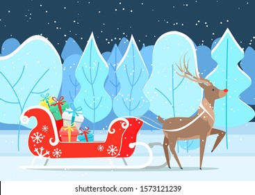 Deer cartoon character with sledge in winter park. Reindeer fairy animal riding sleigh with colorful gift boxes in evening. Dark view of forest with Santa assistant with present on snowy land vector