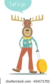 Deer cartoon character with travel bag,Can be used for postcard